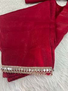 Elegant Red shiny fabric Kurta Set with Gold Trim