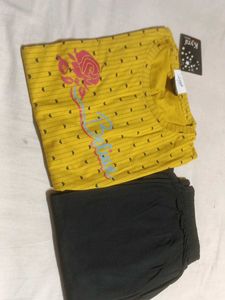 Yellow Printed night suit Set with Black Palazzo