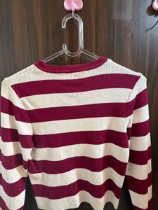 Zara Burgundy &amp; Cream Striped Fine Knit Sweater |