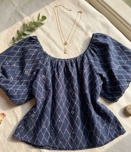 Navy Off-Shoulder Printed Top