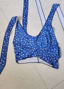 Blue Floral Print Halter Neck Top