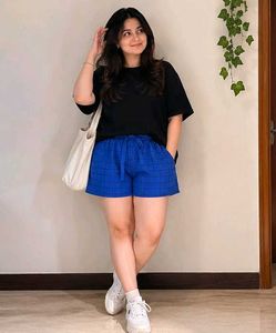 Blue Checkered Paperbag Waist Shorts