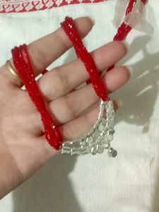 Red Beaded Necklace with American Crystal Pendant