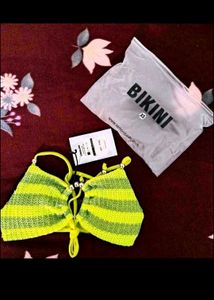 Green Striped Front Tie Bikini Top