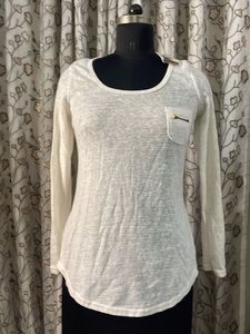 White Long Sleeve Top with Pocket Detail