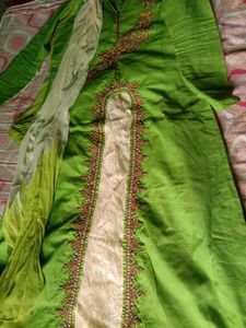 Heavy work Raw silk Green dress L SIZE