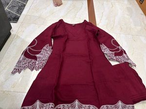 Maroon Kurta Set with White Lace Detail