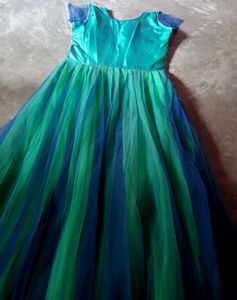 Elegant flared teal blue and green embroidery gown