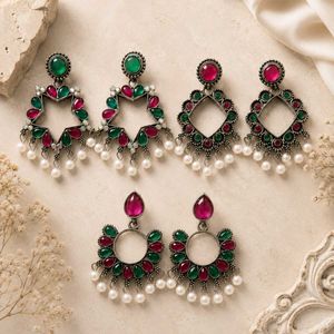 Boho Earrings with Stones & Pearls Set of 3
