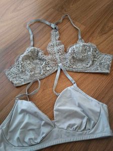 Bras 1)lacy front open 2) silver silky bra