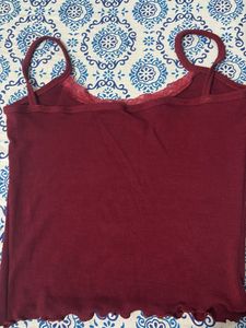 Maroon Ribbed Lace Trim Cami Top