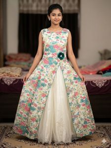 Floral Print Layered Gown for Girls