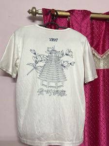 White Graphic T-Shirt with Pagoda Print