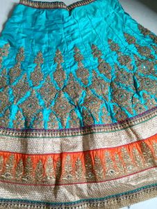 Stunning Teal &amp; Orange Embroidered Lehenga Choli