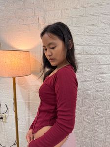 Burgundy Long Sleeve Button-Up Top