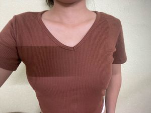 Brown Ribbed V-Neck Crop Top