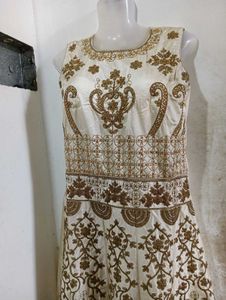 Elegant Cream &amp; Brown Patterned Dress