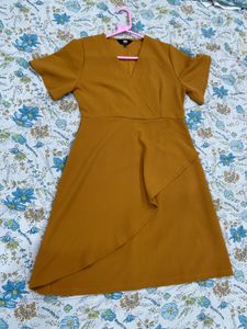 Mustard Yellow Wrap Dress with Ruffle Detail