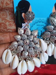 Boho Silver Leaf &amp; Cowrie Shell Dangle Earrings