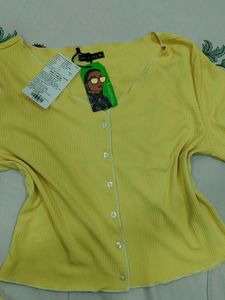 Yellow Ribbed Button-Up Top