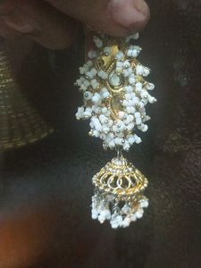 Elegant White Bead &amp; Gold Jhumka Earrings