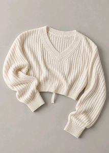 CREAM RIBBED V-NECK TIE-BACK CROPPED SWEATER