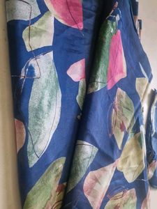 Navy blue floral printed saree with blouse piece