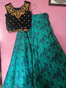 Embroidered Crop Top & Printed Skirt Set