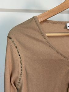 Tan V-Neck Long Sleeve Top with Drawstring
