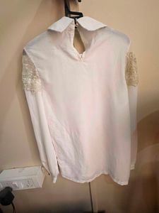 Elegant White Lace Blouse with Pearl Collar