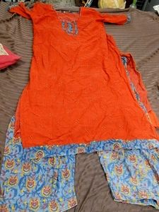 Orange Kurti with Printed  Pants