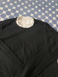 Black Textured Knit Top with White Collar