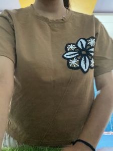 Brown T-shirt with Floral Applique