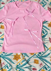 Savana Pink Ribbed Top with Ribbon Detail