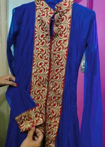 Long Blue Evening Gown With Designer Lace