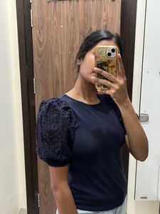 Navy Blue Puff Sleeve Top