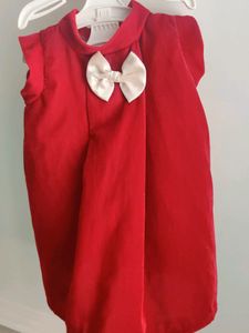 Dark Red Velvet A Line Frock With White Bow