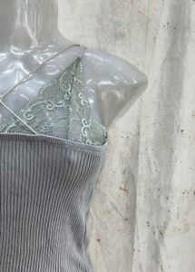 Grey Ribbed Lace Trim Camisole Top