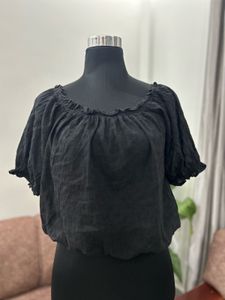 Black Bardot Neck Puff Sleeve Top