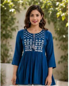 Stylish Blue Embroidered Kurti Top-All size Availa