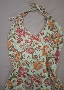 Floral Halter Neck Backless Kurti Dress