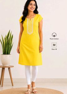 Yellow Embroidered Pure Cotton Kurti