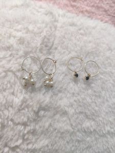 Elegant Pearl and Black Stone Hoop Earrings ✨
