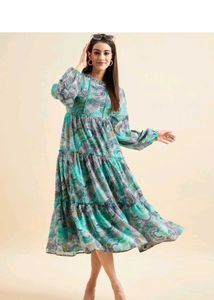 Balloon sleeve printed tiered midi dress