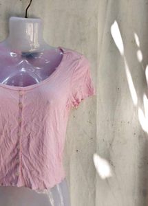 Cute Pink Ribbed Button-Up Crop Top