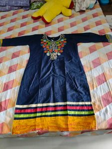 Navy Blue Kurta with Embroidered Neckline