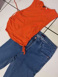 Orange Ruched Top &amp; Blue Denim Jeans Set