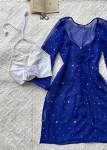 Blue sequined Kurta with White Blouse