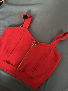 Red Zip-Up Knit Crop Top