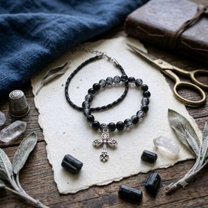 Unisex Black Beaded Cross Charm Bracelet